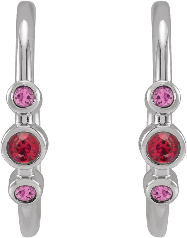 14K Gold Round Natural Ruby & Natural Pink Sapphire Bezel-Set Hoop Earrings - White Gold - view 2
