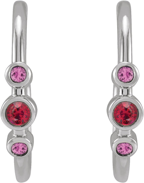 Platinum Round Natural Ruby & Natural Pink Sapphire Bezel-Set Hoop Earrings - view 2