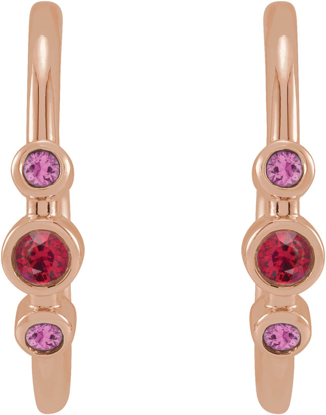 14K Gold Round Natural Ruby & Natural Pink Sapphire Bezel-Set Hoop Earrings - Rose Gold - view 2