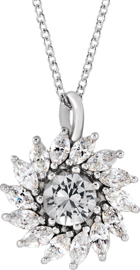 14K Gold Round Natural White Sapphire & Natural Diamond Halo-Style Necklace or Pendant – 3.5-6mm Stones - White Gold