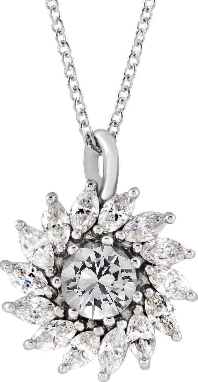 Platinum Round Natural White Sapphire & Natural Diamond Halo-Style Necklace or Pendant – 3.5-6mm Stones
