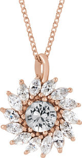 14K Gold Round Natural White Sapphire & Natural Diamond Halo-Style Necklace or Pendant – 3.5-6mm Stones - Rose Gold