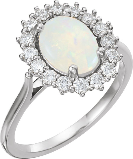 14K Gold Oval Natural White Opal & Natural Diamond Halo-Style Cabochon Ring – 9x7mm - White Gold