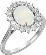 Platinum Oval Natural White Opal & Natural Diamond Halo-Style Cabochon Ring – 9x7mm