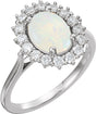 Platinum Oval Natural White Opal & Natural Diamond Halo-Style Cabochon Ring – 9x7mm