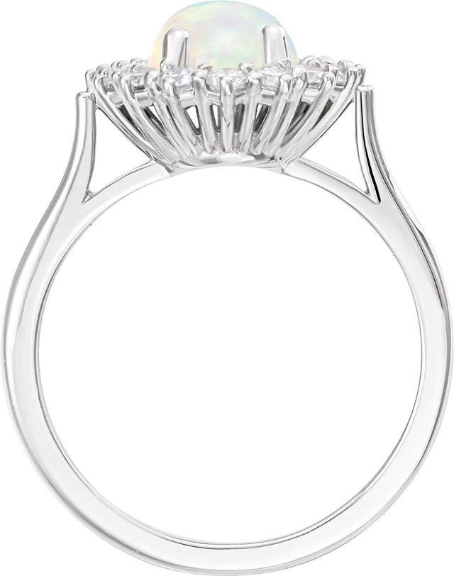 14K Gold Oval Natural White Opal & Natural Diamond Halo-Style Cabochon Ring – 9x7mm - White Gold - view 2
