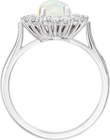Platinum Oval Natural White Opal & Natural Diamond Halo-Style Cabochon Ring – 9x7mm - view 2