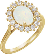 14K Gold Oval Natural White Opal & Natural Diamond Halo-Style Cabochon Ring – 9x7mm - Yellow Gold