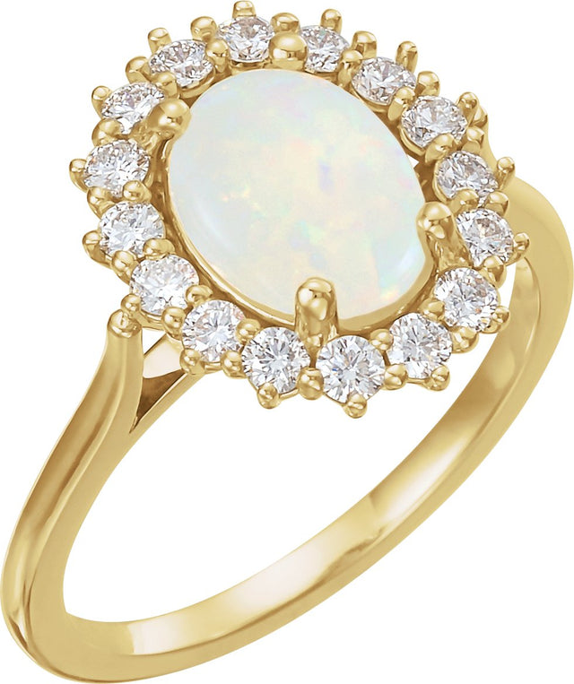 14K Gold Oval Natural White Opal & Natural Diamond Halo-Style Cabochon Ring – 9x7mm - Yellow Gold
