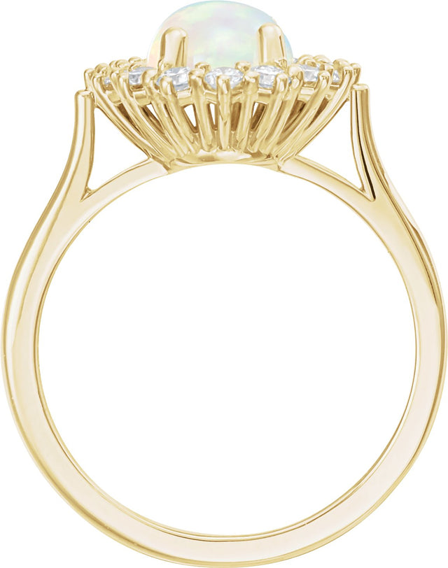14K Gold Oval Natural White Opal & Natural Diamond Halo-Style Cabochon Ring – 9x7mm - Yellow Gold - view 2