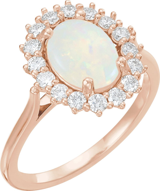 14K Gold Oval Natural White Opal & Natural Diamond Halo-Style Cabochon Ring – 9x7mm - Rose Gold
