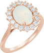 14K Gold Oval Natural White Opal & Natural Diamond Halo-Style Cabochon Ring – 9x7mm - Rose Gold