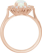 14K Gold Oval Natural White Opal & Natural Diamond Halo-Style Cabochon Ring – 9x7mm - Rose Gold - view 2