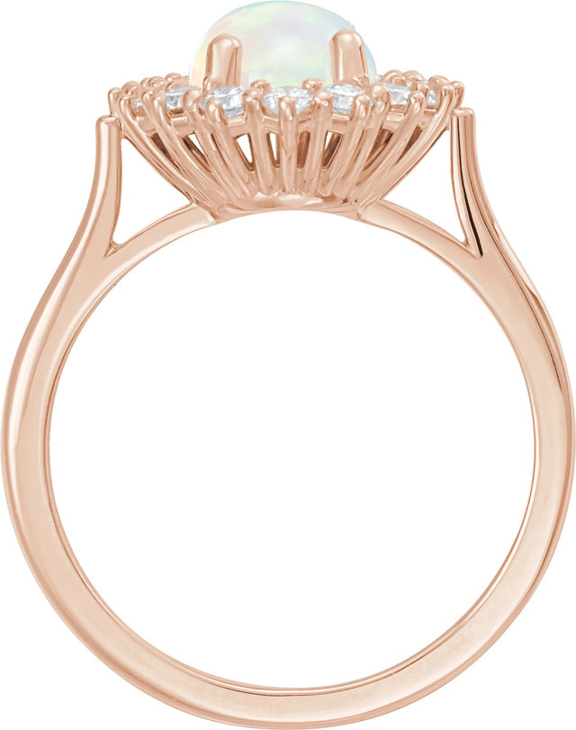 14K Gold Oval Natural White Opal & Natural Diamond Halo-Style Cabochon Ring – 9x7mm - Rose Gold - view 2