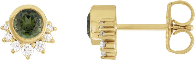 14K Gold Round Natural Green Tourmaline & Natural Diamond Accented Earrings - Yellow Gold