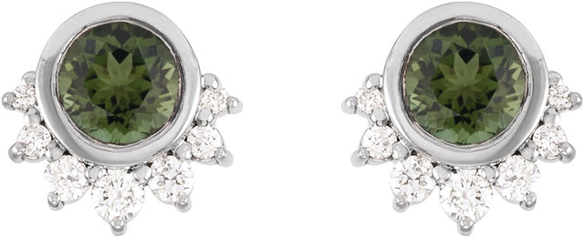 14K Gold Round Natural Green Tourmaline & Natural Diamond Accented Earrings - White Gold - view 2