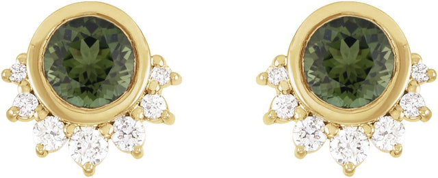 14K Gold Round Natural Green Tourmaline & Natural Diamond Accented Earrings - Yellow Gold - view 2