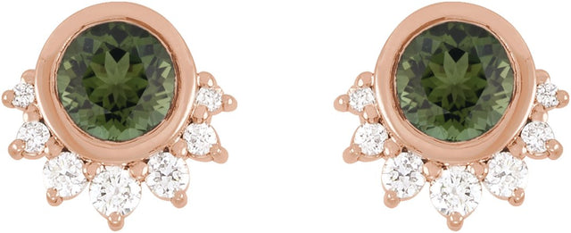 14K Gold Round Natural Green Tourmaline & Natural Diamond Accented Earrings - Rose Gold - view 2