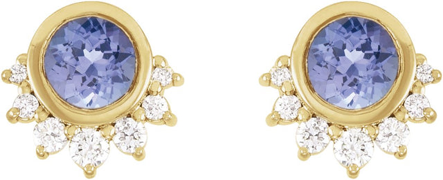 14K Gold Round Natural Tanzanite & Natural Diamond Accented Earrings - Yellow Gold - view 2