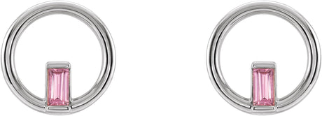 Platinum Straight Baguette Natural Pink Tourmaline Baguette Circle Earrings - view 2