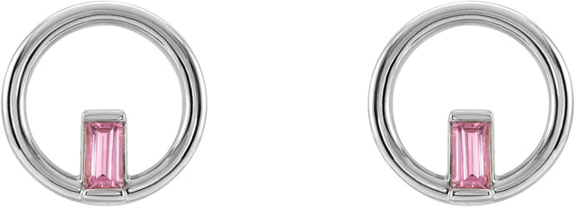 Platinum Straight Baguette Natural Pink Tourmaline Baguette Circle Earrings - view 2