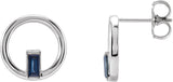 14K Gold Straight Baguette Natural Blue Sapphire Baguette Circle Earrings - White Gold