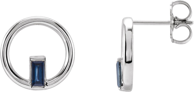 14K Gold Straight Baguette Natural Blue Sapphire Baguette Circle Earrings - White Gold