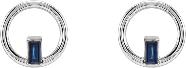 Platinum Straight Baguette Natural Blue Sapphire Baguette Circle Earrings - view 2