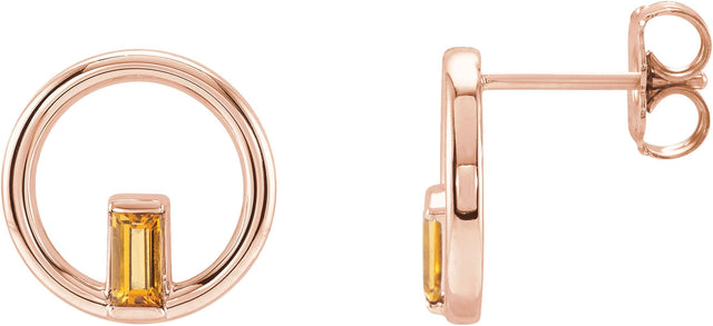 14K Gold Straight Baguette Natural Citrine Baguette Circle Earrings - Rose Gold
