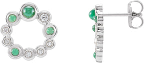 Platinum Round Natural Emerald & Natural Diamond Bezel-Set Cabochon Earrings