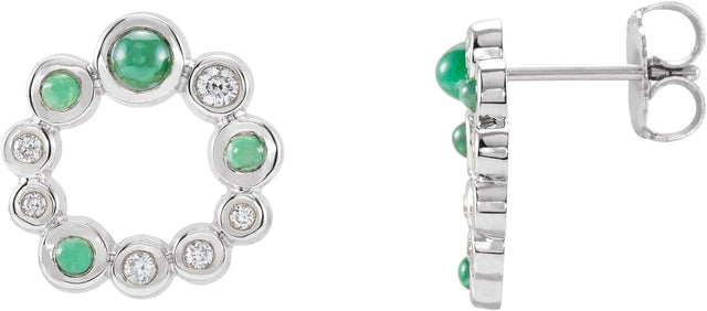 Platinum Round Natural Emerald & Natural Diamond Bezel-Set Cabochon Earrings