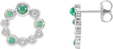 14K Gold Round Natural Emerald & Natural Diamond Bezel-Set Cabochon Earrings - White Gold
