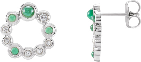 14K Gold Round Natural Emerald & Natural Diamond Bezel-Set Cabochon Earrings - White Gold