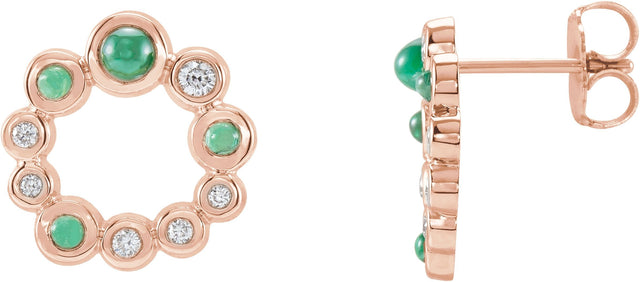 14K Gold Round Natural Emerald & Natural Diamond Bezel-Set Cabochon Earrings - Rose Gold