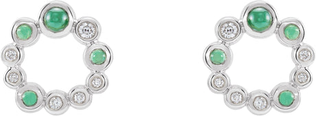 Platinum Round Natural Emerald & Natural Diamond Bezel-Set Cabochon Earrings - view 2