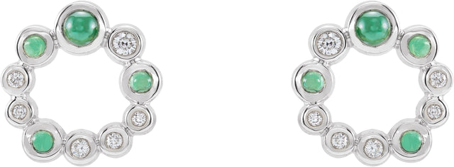 Platinum Round Natural Emerald & Natural Diamond Bezel-Set Cabochon Earrings - view 2