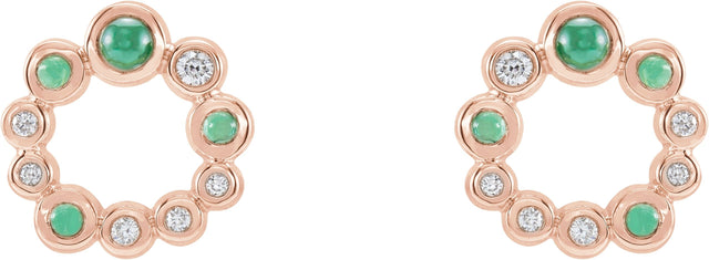 14K Gold Round Natural Emerald & Natural Diamond Bezel-Set Cabochon Earrings - Rose Gold - view 2
