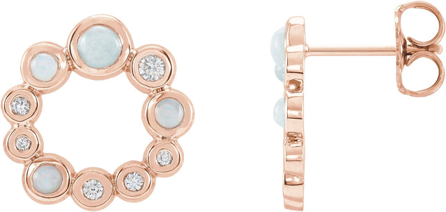 14K Gold Round Natural Ethiopian Opal & Natural Diamond Bezel-Set Cabochon Earrings - Rose Gold