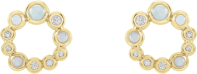 14K Gold Round Natural Ethiopian Opal & Natural Diamond Bezel-Set Cabochon Earrings - Yellow Gold - view 2