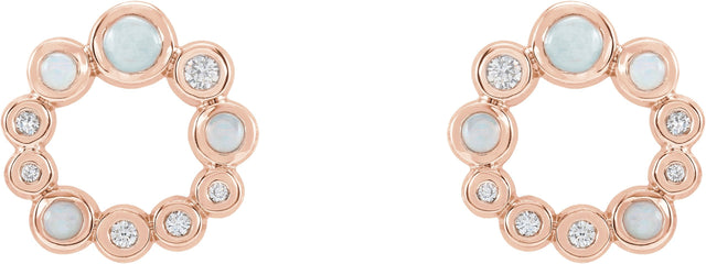 14K Gold Round Natural Ethiopian Opal & Natural Diamond Bezel-Set Cabochon Earrings - Rose Gold - view 2