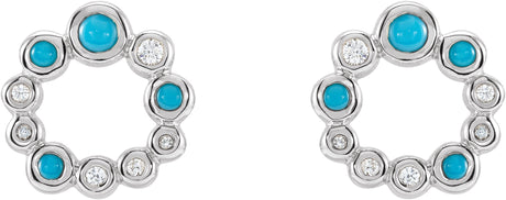 Platinum Round Natural Turquoise & Natural Diamond Bezel-Set Cabochon Earrings - view 2