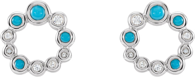 14K Gold Round Natural Turquoise & Natural Diamond Bezel-Set Cabochon Earrings - White Gold - view 2