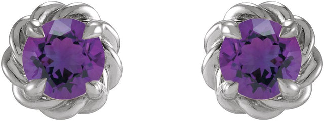 Platinum Natural Amethyst Round 4-Prong Claw Rope Stud Earrings - view 4