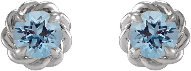 Platinum Natural Aquamarine Round 4-Prong Claw Rope Stud Earrings - view 4