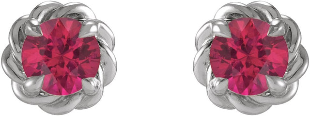 14K Gold Natural Ruby Round 4-Prong Claw Rope Stud Earrings - White Gold - view 4