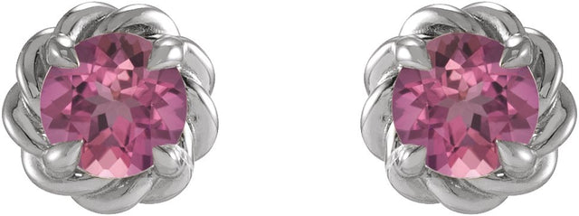 Platinum Natural Pink Tourmaline Round 4-Prong Claw Rope Stud Earrings - view 4