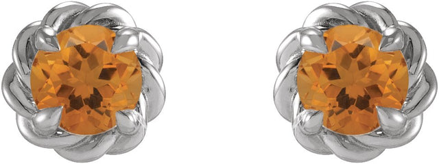 14K Gold Natural Citrine Round 4-Prong Claw Rope Stud Earrings - White Gold - view 4