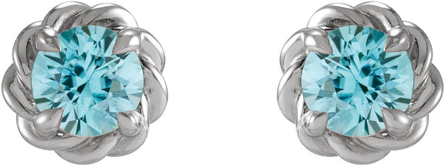 Platinum Natural Blue Zircon Round 4-Prong Claw Rope Stud Earrings - view 4