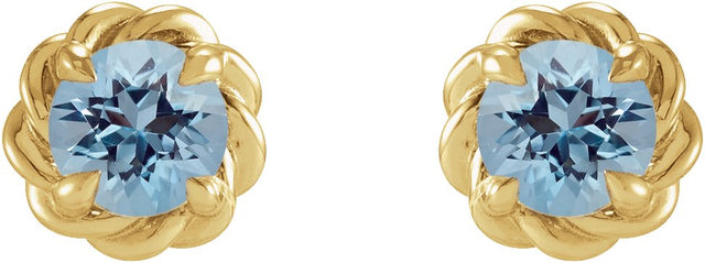 14K Gold Natural Aquamarine Round 4-Prong Claw Rope Stud Earrings - Yellow Gold - view 4