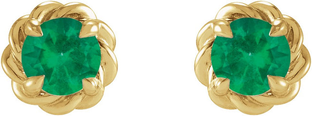 14K Gold Natural Emerald Round 4-Prong Claw Rope Stud Earrings - Yellow Gold - view 4